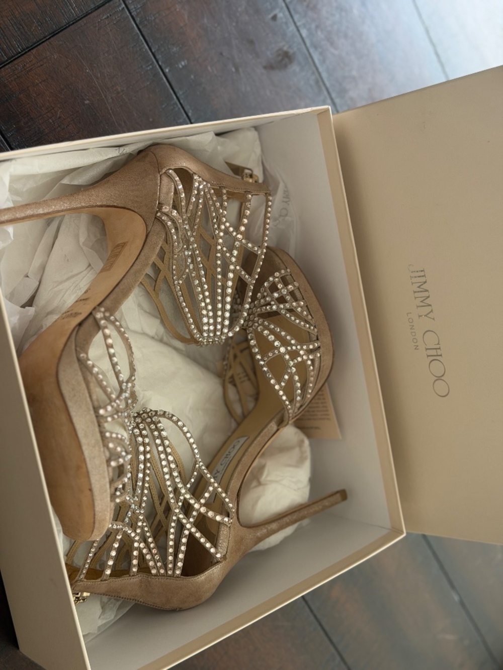 Jimmy Choo Diva Crystal Cage Sandals Sand Suede Heels Size 39 8.5 - Picture 11 of 11